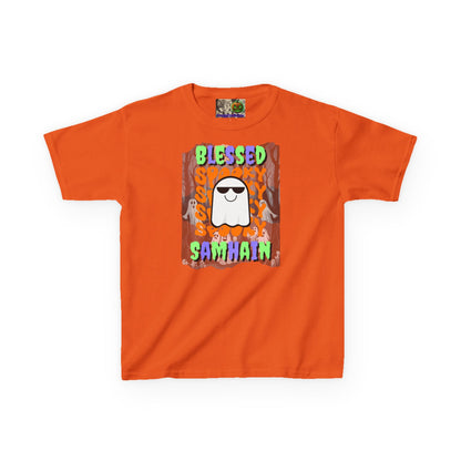 Spooky Blessed Samhain Ghost Mixed font Kids Heavy Cotton™ Tee by CreepyCrafts.boo