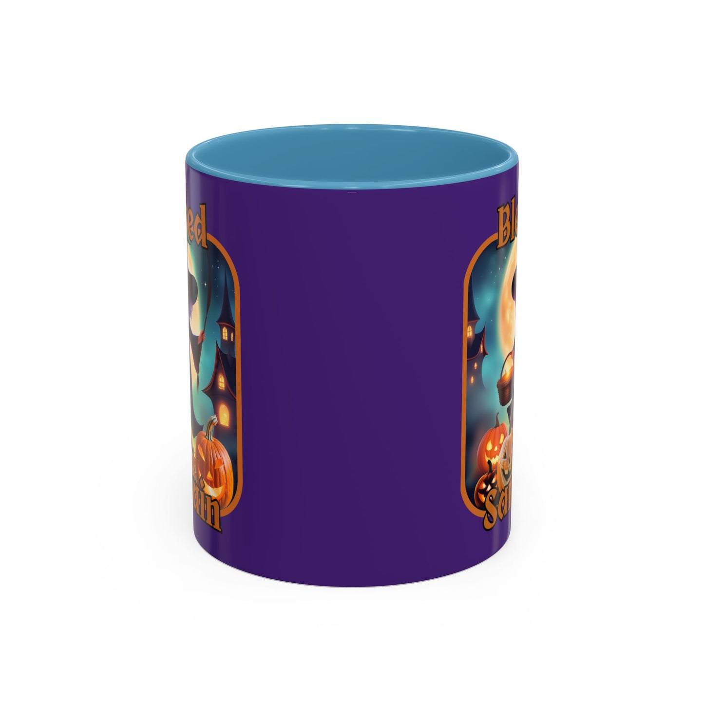 Blessed Samhain Little Witch Orange font Purple Accent Mug by CreepyCrafts.boo