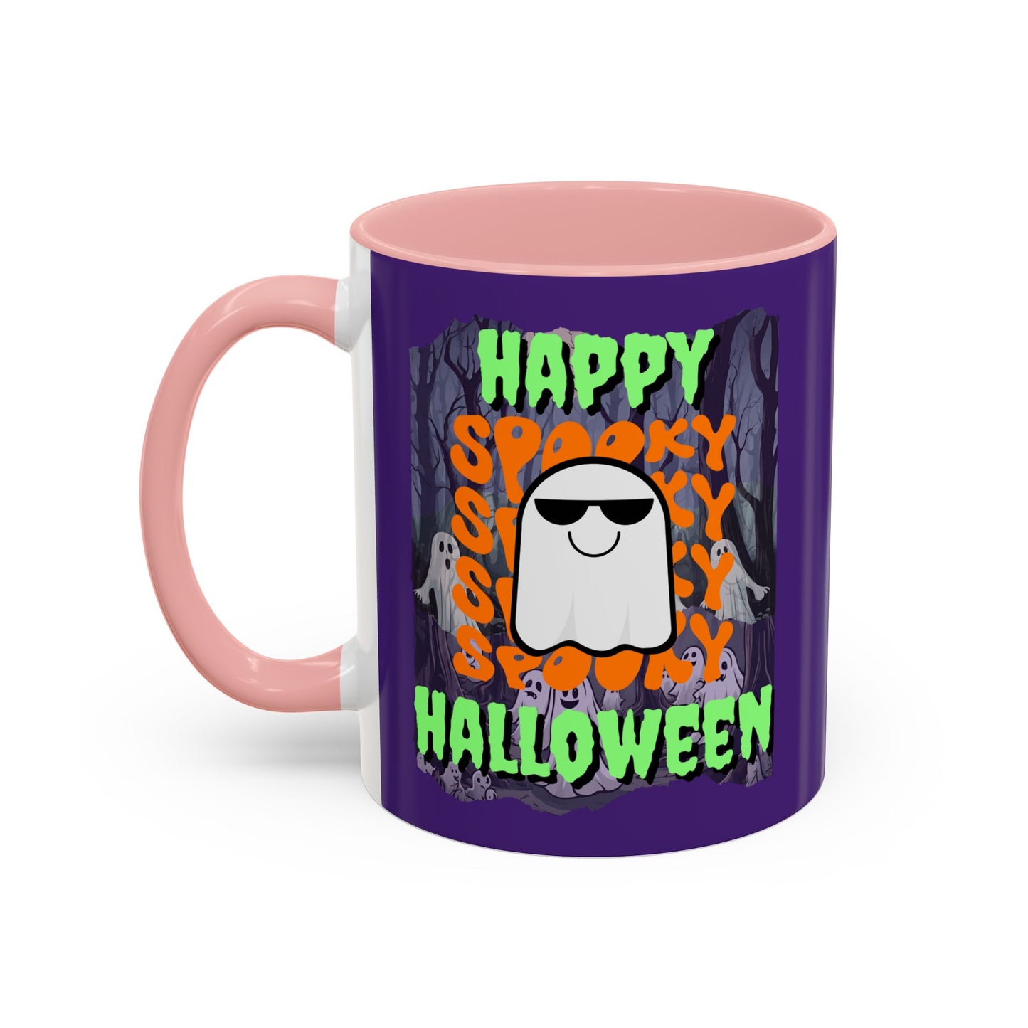 Spooky Happy Halloween Ghost Green font Purple Accent Mug by CreepyCrafts.boo