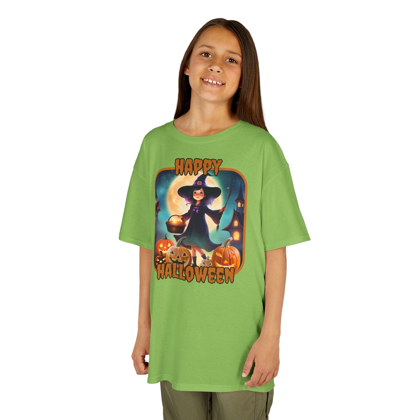 Happy Halloween Little Witch Orange font Kids Heavy Cotton™ Tee by CreepyCrafts.boo