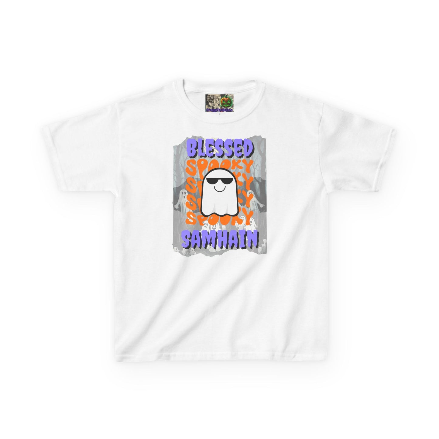 Spooky Blessed Samhain Ghost Purple font Kids Heavy Cotton™ Tee by CreepyCrafts.boo