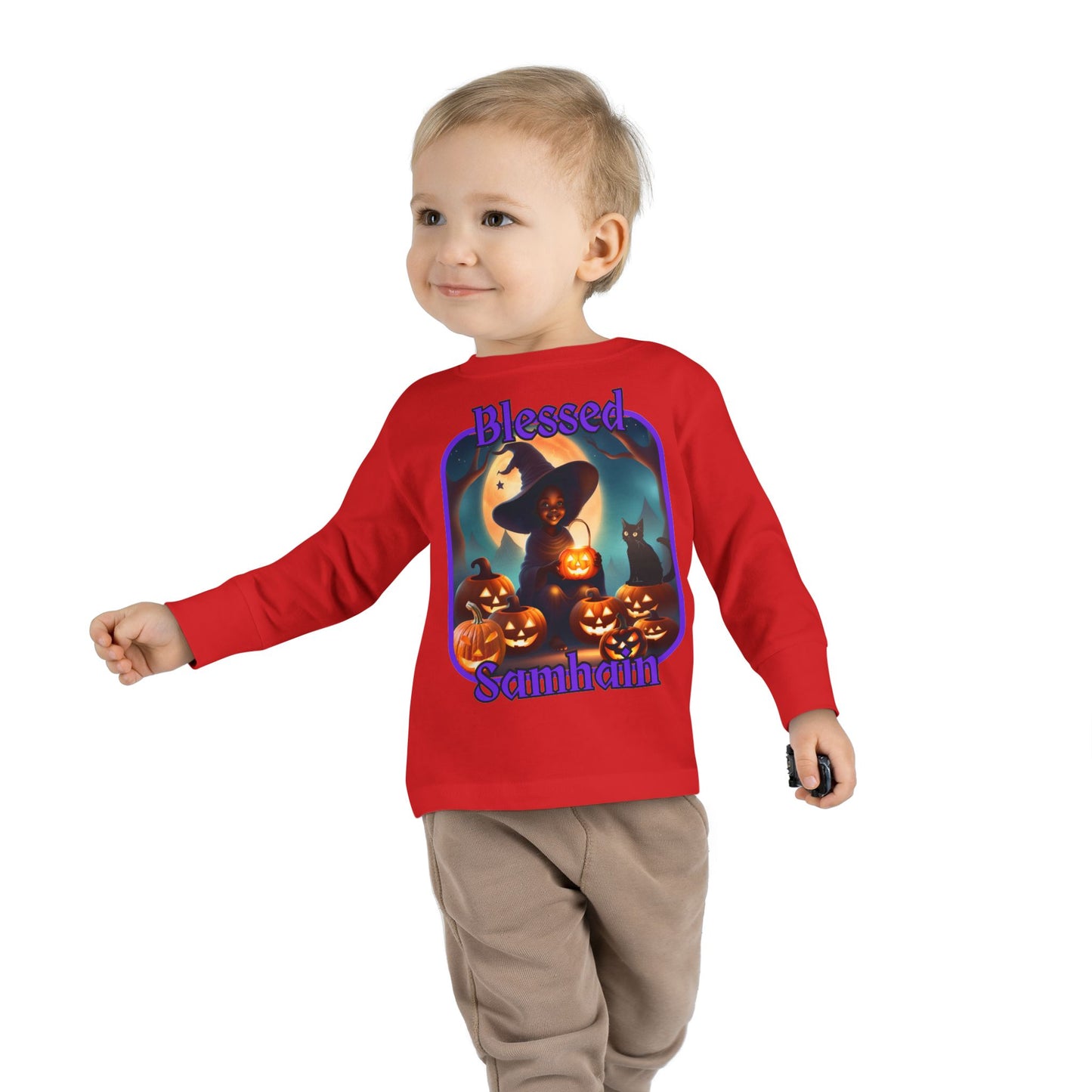 Blessed Samhain Cute Witch Purple font Toddler Long Sleeve Tee by CreepyCrafts.boo
