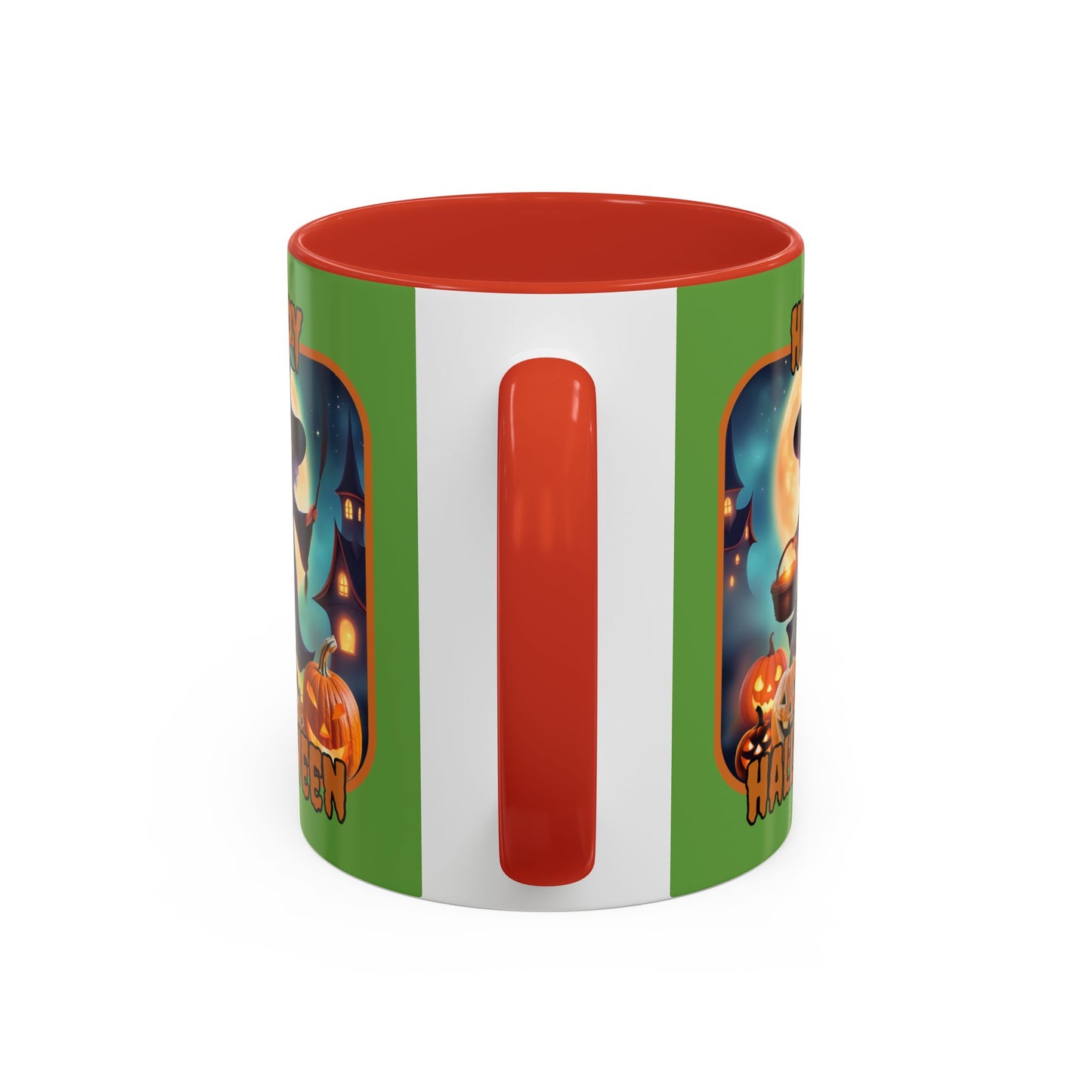 Happy Halloween Little Witch Orange font Green Accent Mug by CreepyCrafts.boo