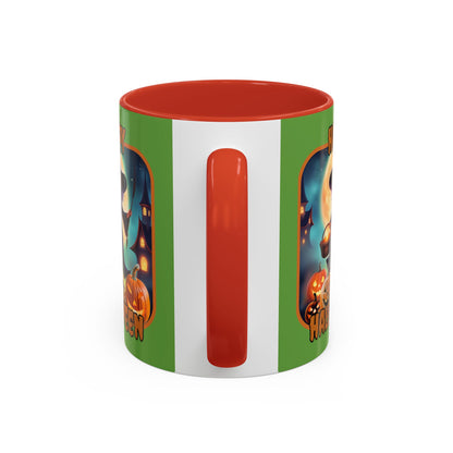 Happy Halloween Little Witch Orange font Green Accent Mug by CreepyCrafts.boo