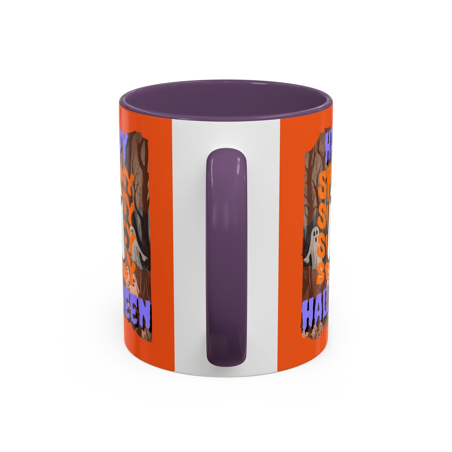 Spooky Happy Halloween Ghost Purple font Orange Accent Mug by CreepyCrafts.boo