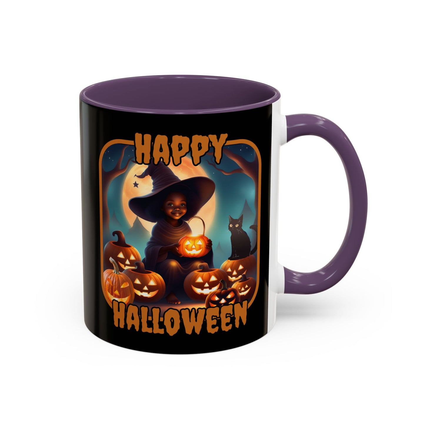 Happy Halloween Cute Witch Orange font Black Accent Mug by CreepyCrafts.boo