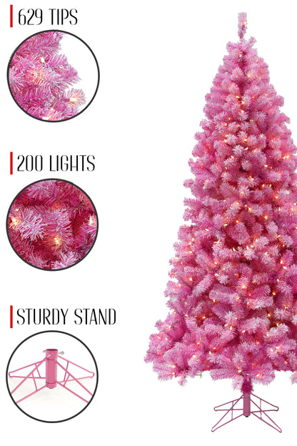 Prelit Pink Christmas Tree with Silver Tinsel Needles Warm White Lights