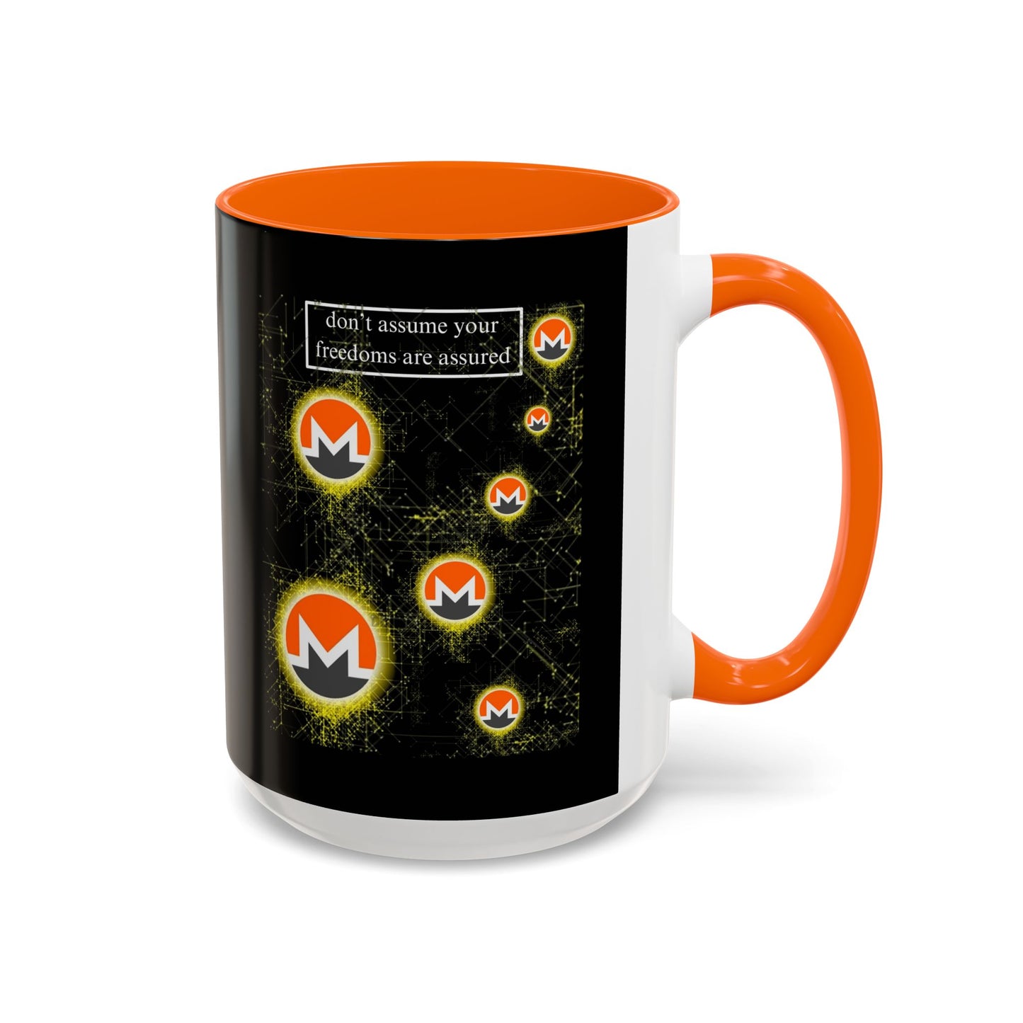 Monero (XMR) don't assume your freedoms are assured Black Accent Mug by cypherpunkgear.com