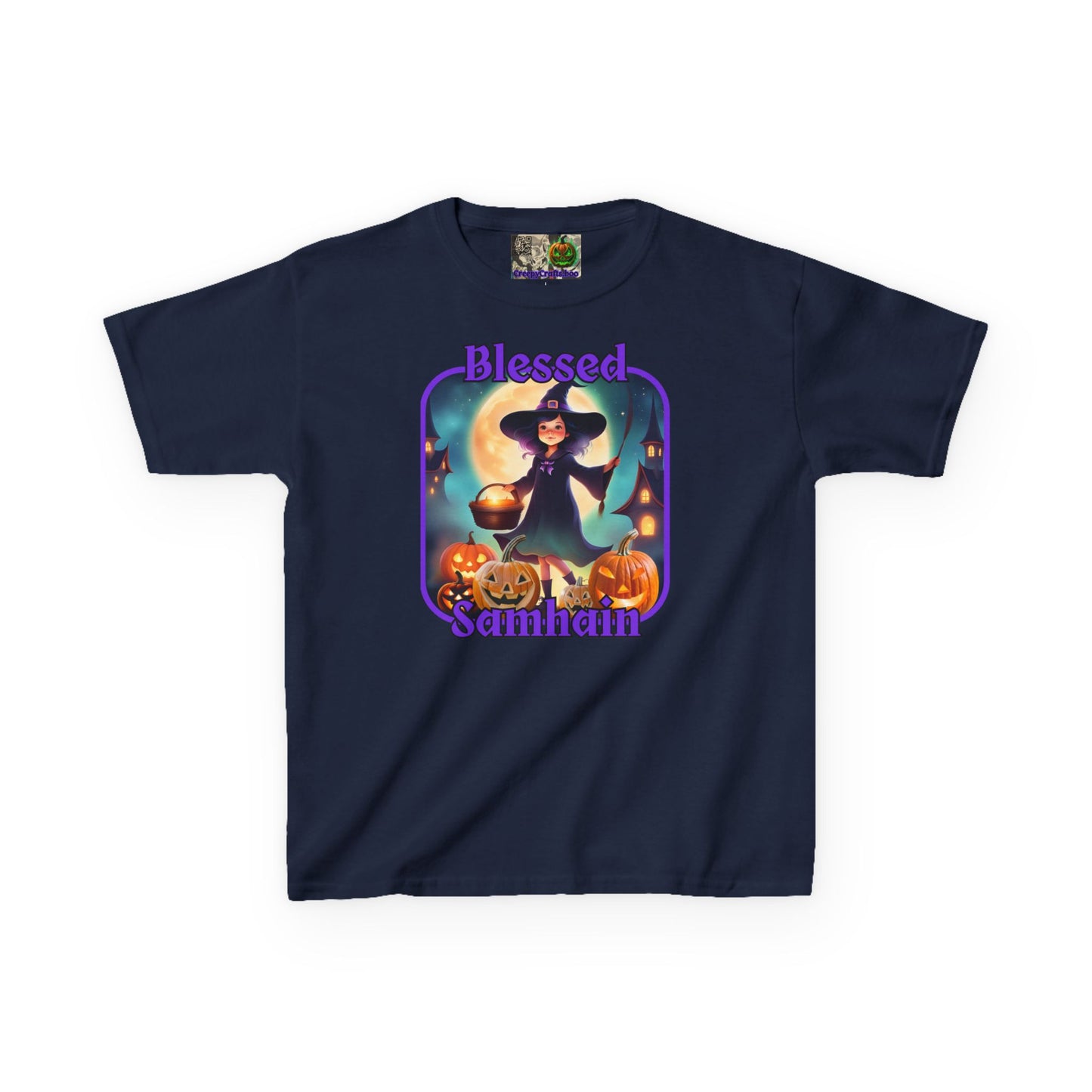 Blessed Samhain Little Witch Purple font Kids Heavy Cotton™ Tee by CreepyCrafts.boo