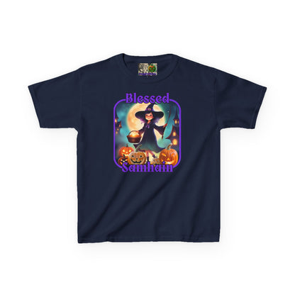 Blessed Samhain Little Witch Purple font Kids Heavy Cotton™ Tee by CreepyCrafts.boo