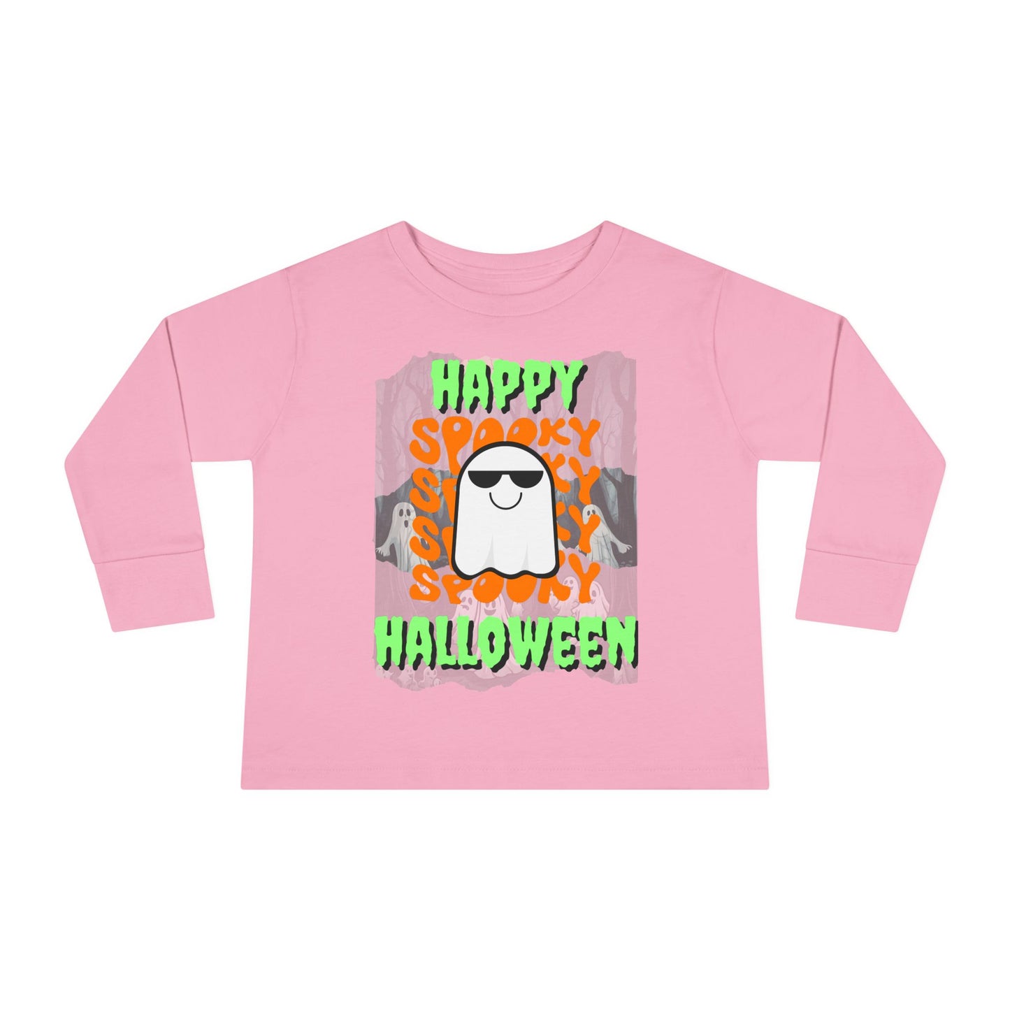 Spooky Happy Halloween Ghost Green font Toddler Long Sleeve Tee by CreepyCrafts.boo