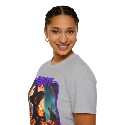 Happy Halloween Cute Witch Purple font Light colors Unisex T-Shirt by CreepyCrafts.boo