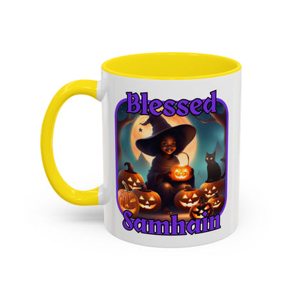 Blessed Samhain Cute Witch Purple font White Accent Mug by CreepyCrafts.boo