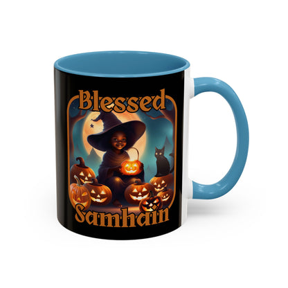 Blessed Samhain Cute Witch Orange font Black Accent Mug by CreepyCrafts.boo