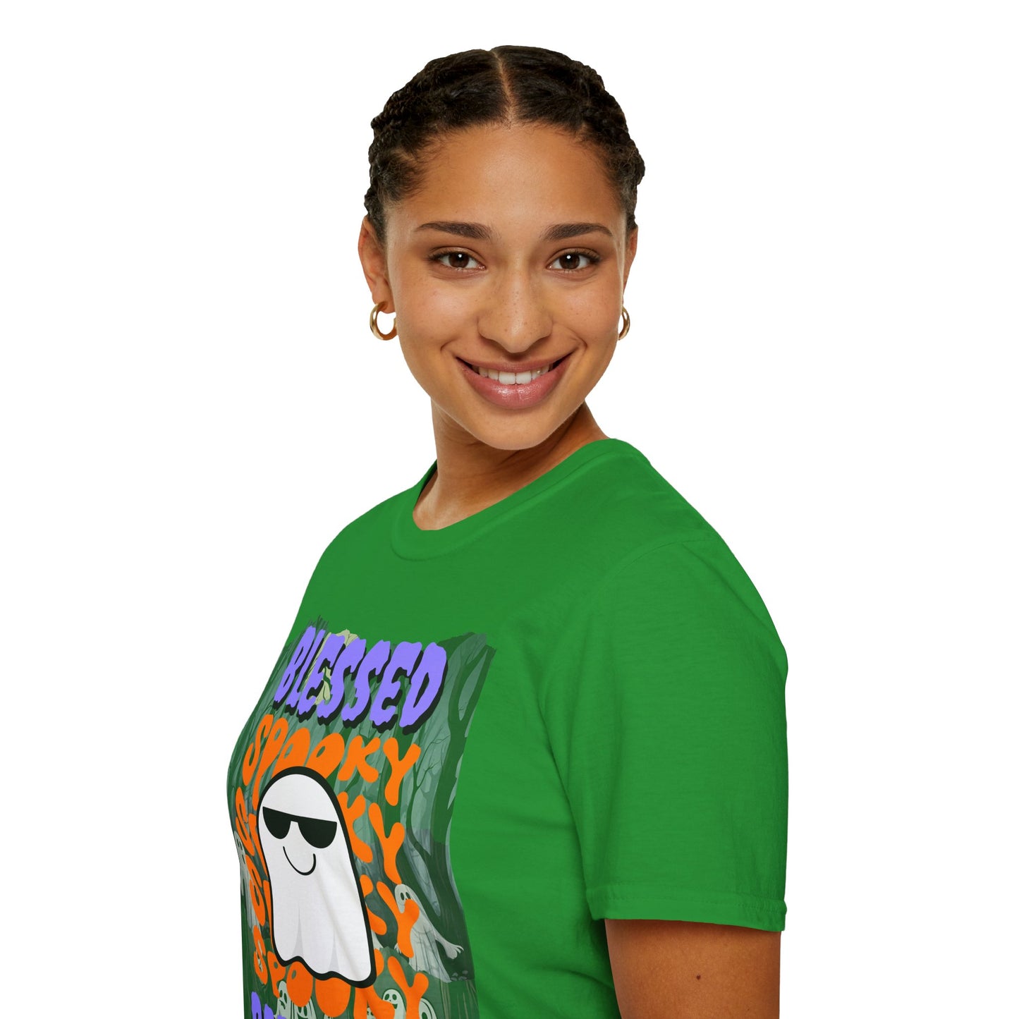 Spooky Blessed Samhain Ghost Purple font Unisex T-Shirt by CreepyCrafts.boo
