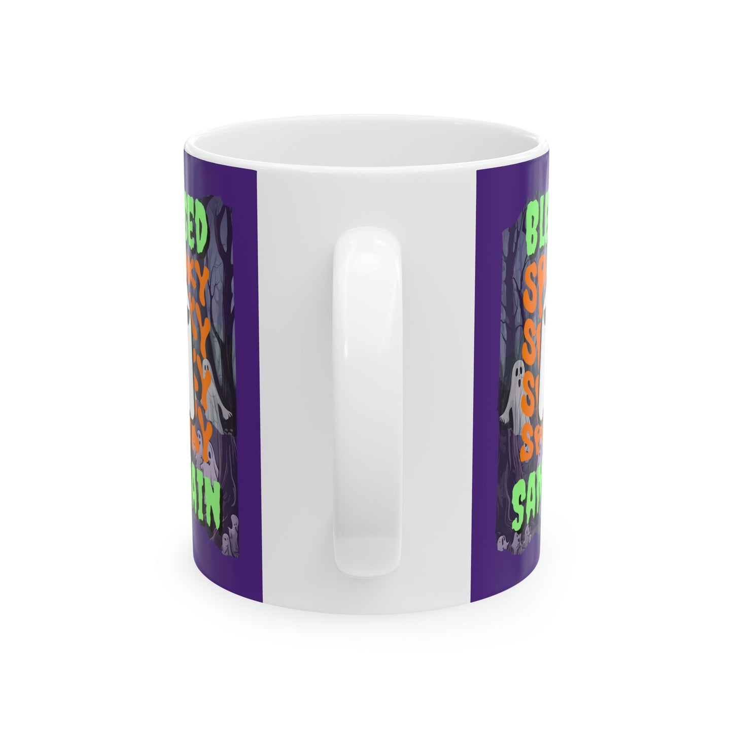 Spooky Blessed Samhain Ghost Green font Purple Mug by CreepyCrafts.boo