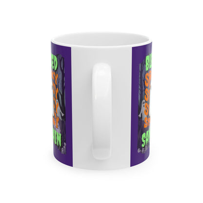 Spooky Blessed Samhain Ghost Green font Purple Mug by CreepyCrafts.boo