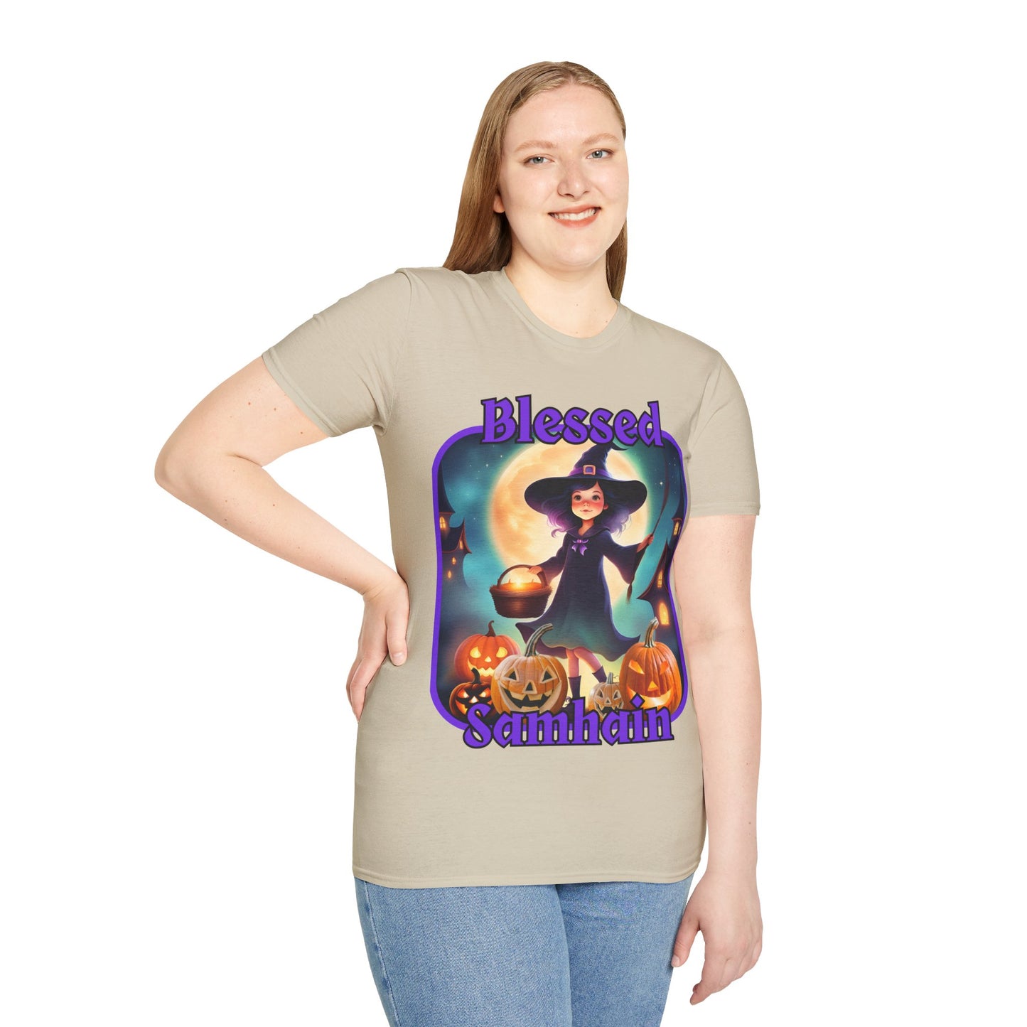 Blessed Samhain Little Witch Purple font Light colors Unisex T-Shirt by CreepyCrafts.boo