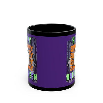 Spooky Happy Halloween Ghost Mixed font Purple Mug by CreepyCrafts.boo