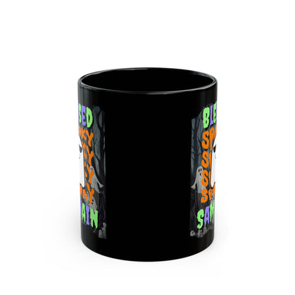 Spooky Blessed Samhain Ghost Mixed font Black Mug by CreepyCrafts.boo