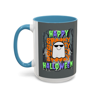 Spooky Happy Halloween Ghost Mixed font Grey Accent Mug by CreepyCrafts.boo