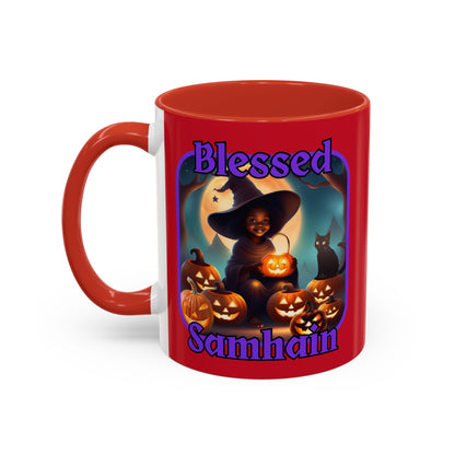 Blessed Samhain Cute Witch Purple font Red Accent Mug by CreepyCrafts.boo