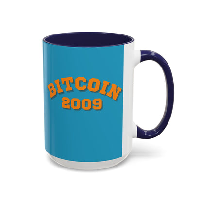 Bitcoin 2009 Turquoise Accent Mug by cypherpunkgear.com