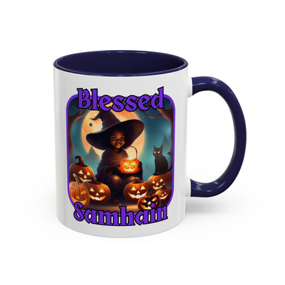 Blessed Samhain Cute Witch Purple font White Accent Mug by CreepyCrafts.boo