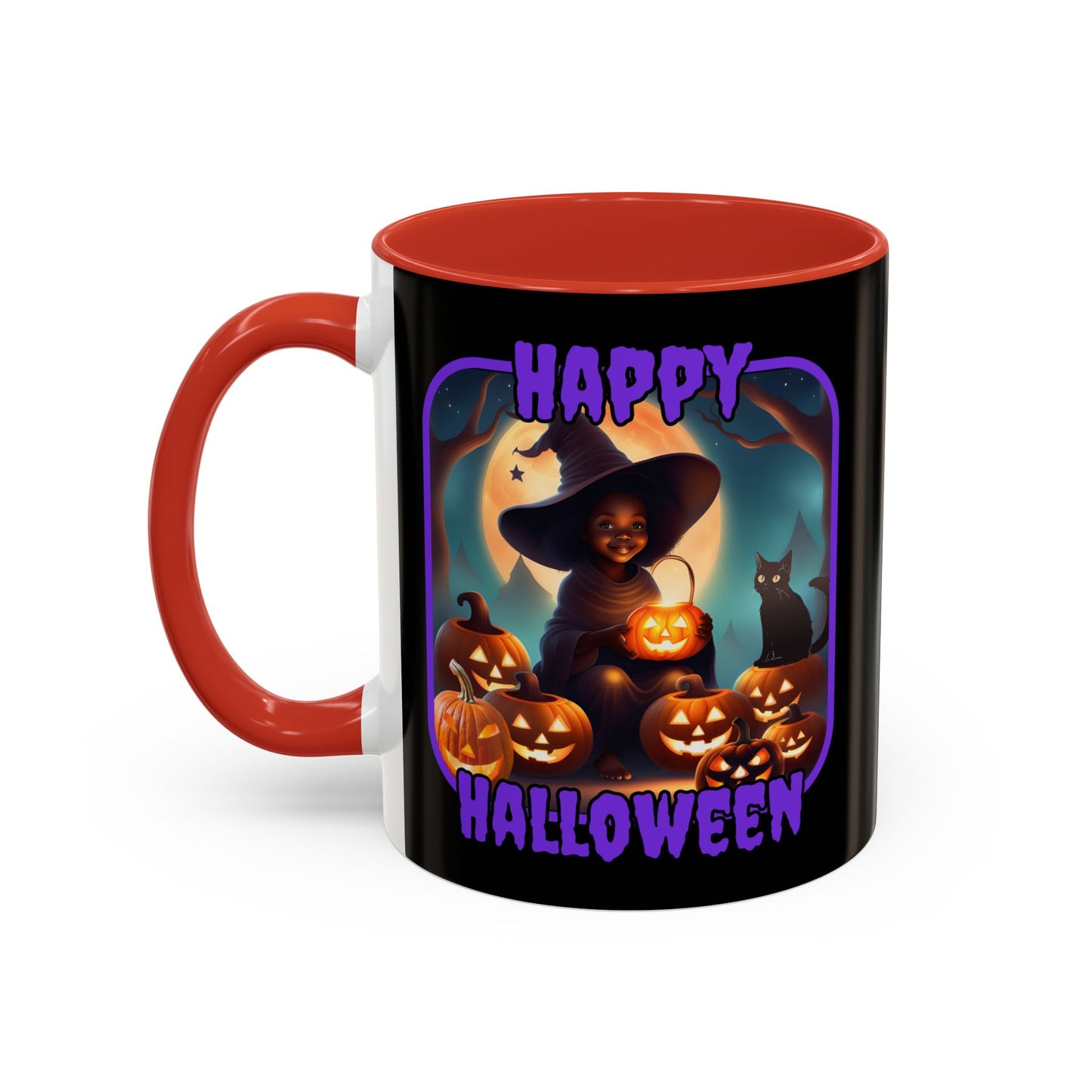 Happy Halloween Cute Witch Purple font Black Accent Mug by CreepyCrafts.boo