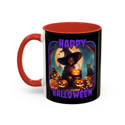Happy Halloween Cute Witch Purple font Black Accent Mug by CreepyCrafts.boo