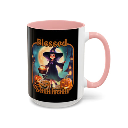 Blessed Samhain Little Witch Orange font Black Accent Mug by CreepyCrafts.boo