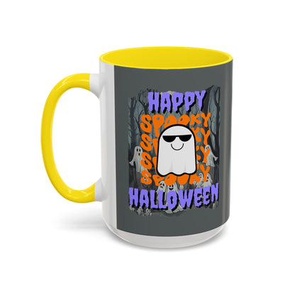 Spooky Happy Halloween Ghost Purple font Grey Accent Mug by CreepyCrafts.boo