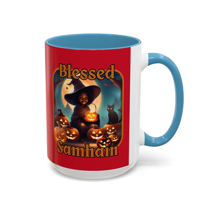 Blessed Samhain Cute Witch Orange font Red Accent Mug by CreepyCrafts.boo