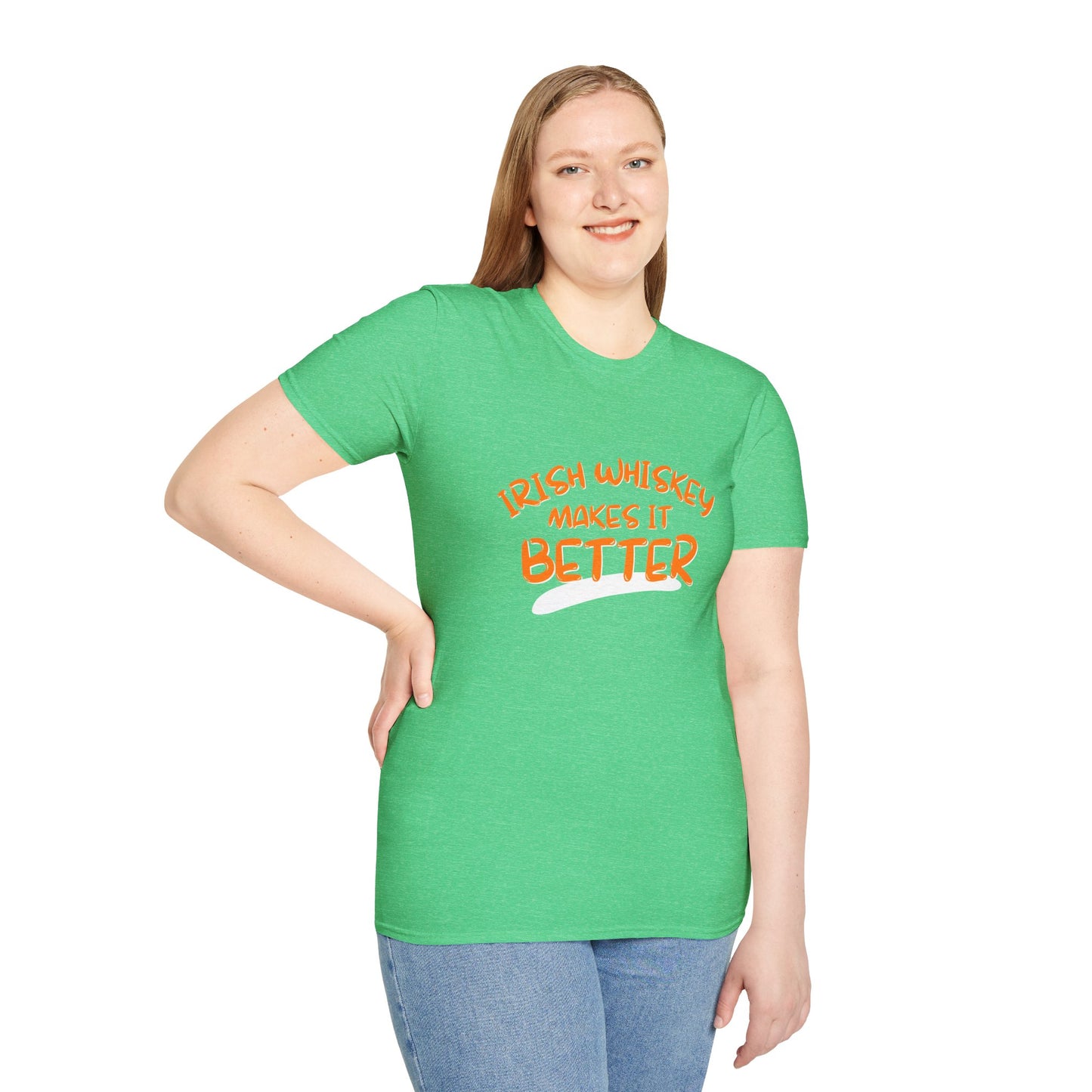Irish Whiskey makes it better Orange font Light colors Unisex T-Shirt by cypherpunkgear.com
