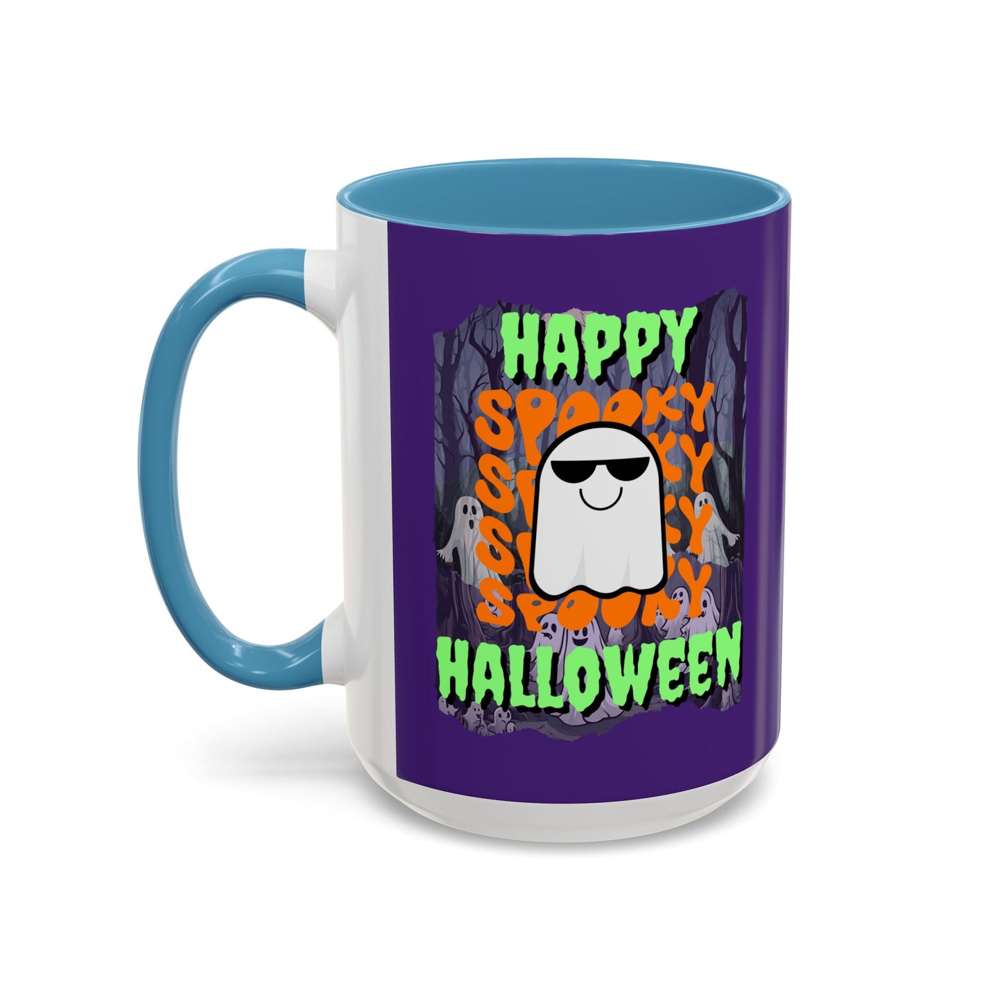 Spooky Happy Halloween Ghost Green font Purple Accent Mug by CreepyCrafts.boo