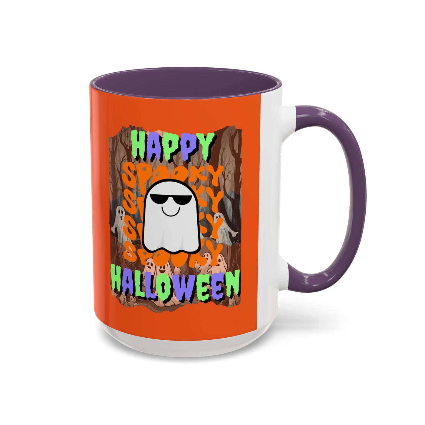 Spooky Happy Halloween Ghost Mixed font Orange Accent Mug by CreepyCrafts.boo