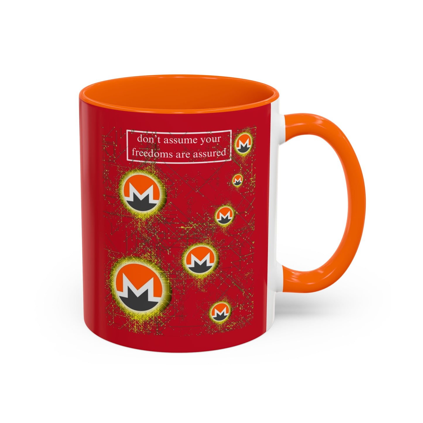 Monero (XMR) don't assume your freedoms are assured Red Accent Mug by cypherpunkgear.com