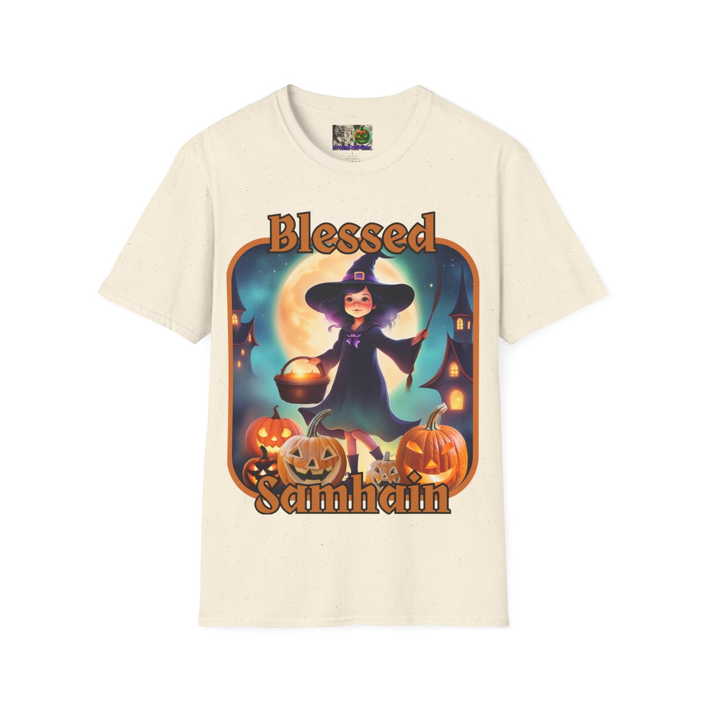Blessed Samhain Little Witch Orange font Light colors Unisex T-Shirt by CreepyCrafts.boo