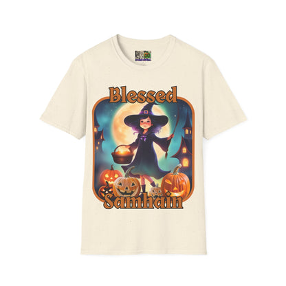 Blessed Samhain Little Witch Orange font Light colors Unisex T-Shirt by CreepyCrafts.boo
