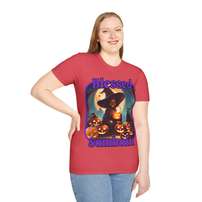 Blessed Samhain Cute Witch Purple font Light colors Unisex T-Shirt by CreepyCrafts.boo