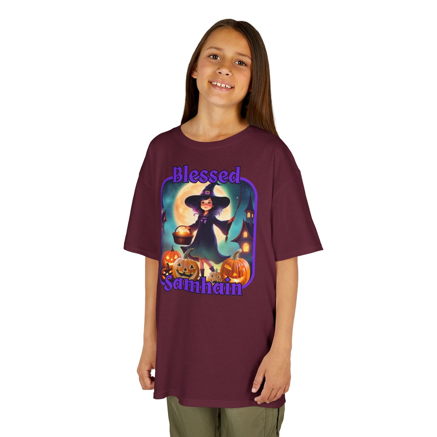 Blessed Samhain Little Witch Purple font Kids Heavy Cotton™ Tee by CreepyCrafts.boo