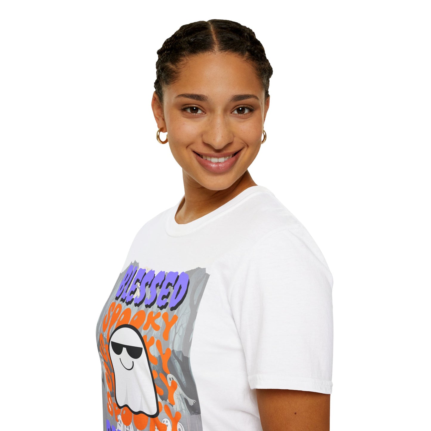 Spooky Blessed Samhain Ghost Purple font Unisex T-Shirt by CreepyCrafts.boo