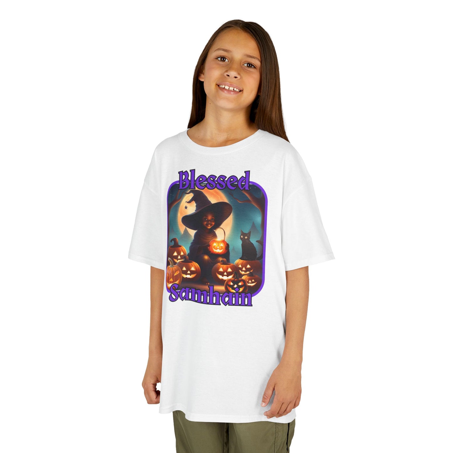 Blessed Samhain Cute Witch Purple font Kids Heavy Cotton™ Tee by CreepyCrafts.boo