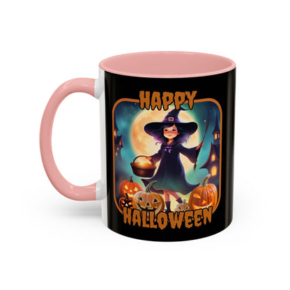 Happy Halloween Little Witch Orange font Black Accent Mug by CreepyCrafts.boo