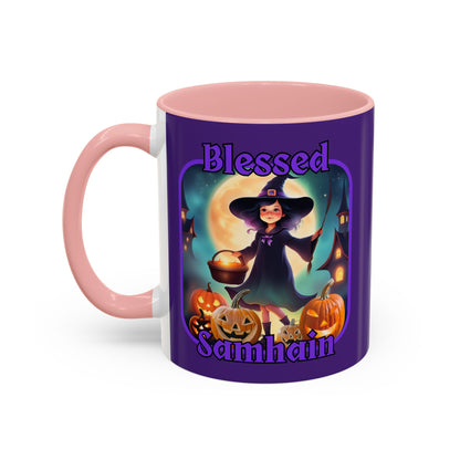 Blessed Samhain Little Witch Purple font Purple Accent Mug by CreepyCrafts.boo