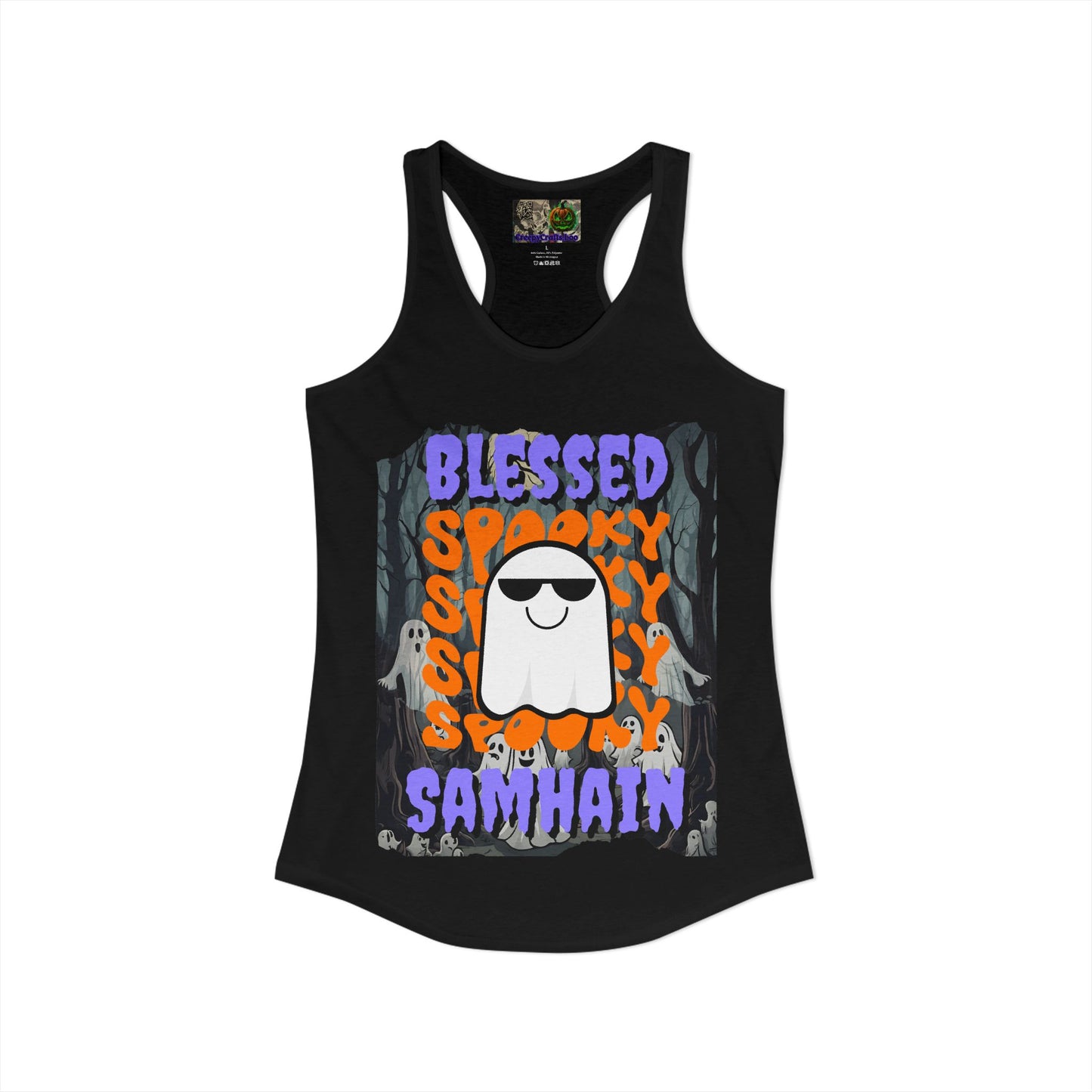 Spooky Blessed Samhain Ghost Purple font Women's Racerback Tank Top by CreepyCrafts.boo