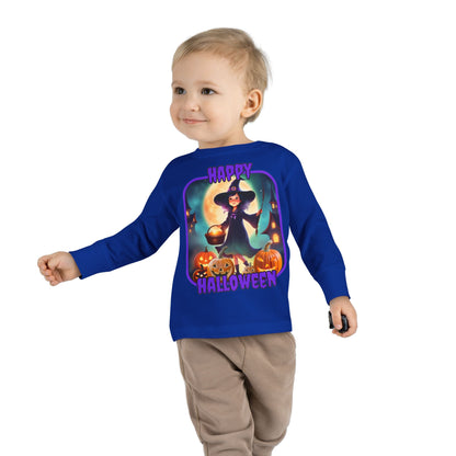 Happy Halloween Little Witch Purple font Toddler Long Sleeve Tee by CreepyCrafts.boo
