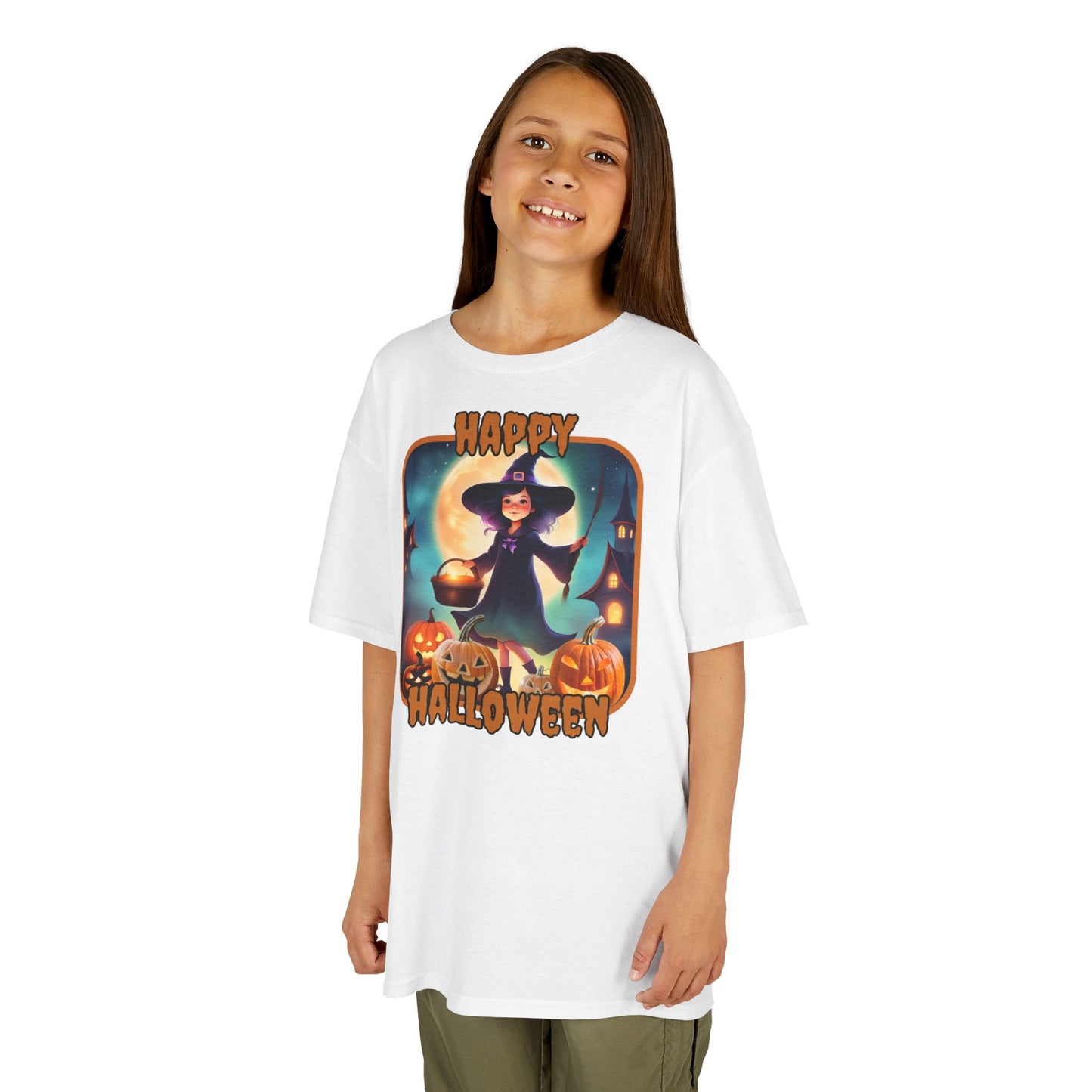 Happy Halloween Little Witch Orange font Kids Heavy Cotton™ Tee by CreepyCrafts.boo