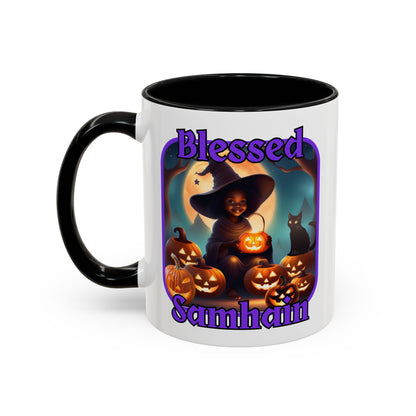Blessed Samhain Cute Witch Purple font White Accent Mug by CreepyCrafts.boo