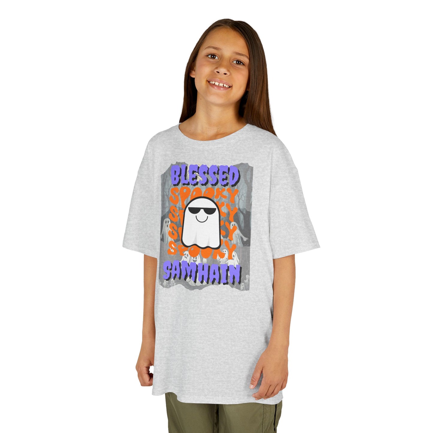 Spooky Blessed Samhain Ghost Purple font Kids Heavy Cotton™ Tee by CreepyCrafts.boo